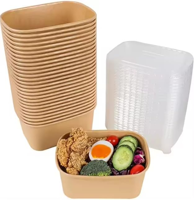 Whitedrop Disposable Kraft Paper Bowls with Lids – Eco-Friendly Rectangle Food Containers | Leak-Resistant Soup Bowls | Microwave & Freezer Safe | Takeaway & Meal Prep